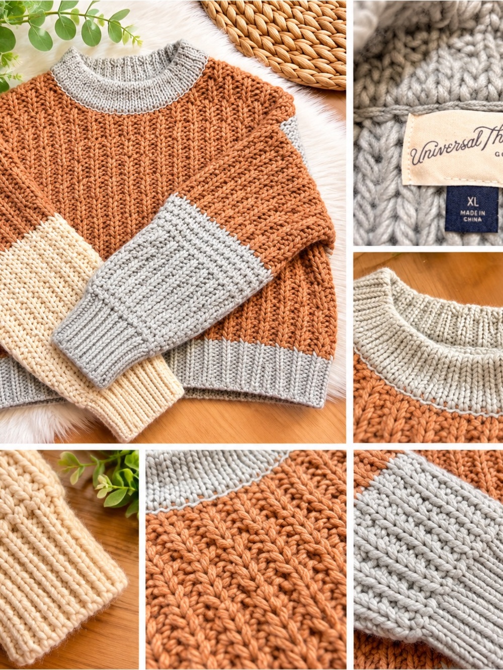 Universal Thread Rust, Light Gray & Cream Colorblock Crewneck Sweater chunky